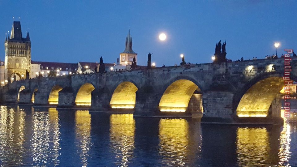 Full Moon Rising Over Charles Bridge in Prague painting - Unknown Artist Full Moon Rising Over Charles Bridge in Prague art painting
